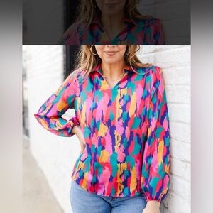 Michelle Mcdowell Stroke of Luck Top Vibrant Multicolor Abstract Blouse size M